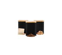 Cooks Professional 3 Piece Tea, Coffee & Sugar Square Cannister Set with Bamboo Lids | Diamond Pattern Labelled Stainless Steel Kitchen Storage Bins Airtight Containers | Black