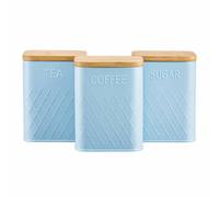 Cooks Professional 3 Piece Tea, Coffee & Sugar Square Cannister Set with Bamboo Lids | Diamond Pattern Labelled Stainless Steel Kitchen Storage Bins Airtight Containers | Blue