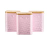 Cooks Professional 3 Piece Tea, Coffee & Sugar Square Cannister Set with Bamboo Lids | Diamond Pattern Labelled Stainless Steel Kitchen Storage Bins Airtight Containers | Pink