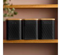 Cooks Professional 3 Piece Tea, Coffee & Sugar Cannister Jar Bin Set With Bamboo Lids & Diamond Pattern - Black