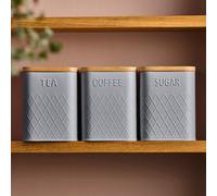 Cooks Professional 3 Piece Tea, Coffee & Sugar Square Cannister Set with Bamboo Lids | Diamond Pattern Labelled Stainless Steel Kitchen Storage Bins Airtight Containers | Grey