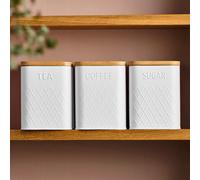 Cooks Professional 3 Piece Embossed Tea, Coffee & Sugar Cannister Set with Bamboo Lids | Diamond Pattern Labelled Stainless Steel Kitchen Storage Bins Airtight Containers | White