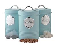Cooks Professional 3 Piece Tea Coffee Sugar Cannister Set - Labelled Kitchen Storage Tins With Airtight Lids - Blue & Silver