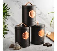 Cooks Professional 3 Piece Tea Coffee Sugar Cannister Set - Labelled Kitchen Storage Tins With Airtight Lids - Black & Copper