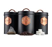 Tea Coffee & Sugar Canisters Bin Jar Storage 3pc Black/Copper Cooks Professional