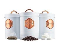Cooks Professional 3 Piece Tea Coffee Sugar Cannister Set | White & Copper | Set of 3 Labelled Storage Tins, Stainless Steel Containers with Airtight Lids, Canisters for Kitchen Accessories & Essentials