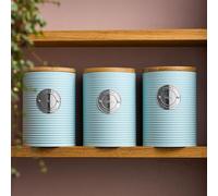 Cooks Professional 3 Piece Ribbed Tea, Coffee, & Sugar Cannisters with Air-Tight Bamboo Lids | Stainless Steel Kitchen Storage Bin Set | Modern & Stylish | Blue & Silver