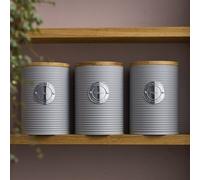 Cooks Professional 3 Piece Tea, Coffee & Sugar Ribbed Canister Set With Bamboo Lids - Kitchen Storage Bins - Grey & Silver