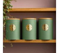 Cooks Professional 3 Piece Ribbed Tea, Coffee, & Sugar Cannisters with Air-Tight Bamboo Lids | Stainless Steel Kitchen Storage Bin Set | Modern & Stylish | Green & Gold