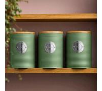 Cooks Professional 3 Piece Ribbed Tea, Coffee, & Sugar Cannisters with Air-Tight Bamboo Lids | Stainless Steel Kitchen Storage Bin Set | Modern & Stylish | Green & Silver
