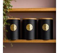 Cooks Professional 3 Piece Ribbed Tea, Coffee, & Sugar Cannisters with Air-Tight Bamboo Lids | Stainless Steel Kitchen Storage Bin Set | Modern & Stylish | Black & Gold