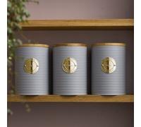 Cooks Professional 3 Piece Ribbed Tea, Coffee, & Sugar Cannisters with Air-Tight Bamboo Lids | Stainless Steel Kitchen Storage Bin Set | Modern & Stylish | Grey & Gold