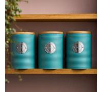 Cooks Professional 3 Piece Ribbed Tea, Coffee, & Sugar Cannisters with Air-Tight Bamboo Lids | Stainless Steel Kitchen Storage Bin Set | Modern & Stylish | Teal & Silver