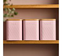 Cooks Professional 3 Piece Tea, Coffee & Sugar Square Cannister Jar Bin Set With Bamboo Lids & Diamond Pattern - Pink