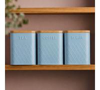 Cooks Professional 3 Piece Tea, Coffee & Sugar Square Cannister Jar Bin Set With Bamboo Lids & Diamond Pattern - Blue