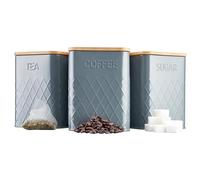 Cooks Professional 3 Piece Tea, Coffee & Sugar Square Cannister Set with Bamboo Lids | Diamond Pattern Labelled Stainless Steel Kitchen Storage Bins Airtight Containers | Grey