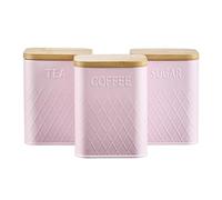 Cooks Professional 3 Piece Tea, Coffee & Sugar Square Cannister Set with Bamboo Lids | Diamond Pattern Labelled Stainless Steel Kitchen Storage Bins Airtight Containers | Pink