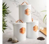 Cooks Professional 3-Piece Tea Coffee & Sugar Storage Canisters Bins with Copper Labels in White Cooks Professional White