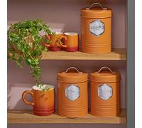 Cooks Professional 3-Piece Tea Coffee & Sugar Storage Canisters Bins with Silver Labels in Orange Cooks Professional Orange