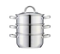 Cooks Professional 3 Tier Stainless Steel Steamer Pan | Durable Vegetable Steam Cooker Pots with Glass Lid, Vent & Twin Handles | Suitable for All Hobs Inc Induction | Dishwasher Safe | 16cm Diameter