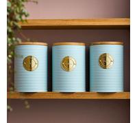 Cooks Professional 3pc Ribbed Tea Coffee & Sugar Storage Canisters with Gold Label in Blue Cooks Professional Blue