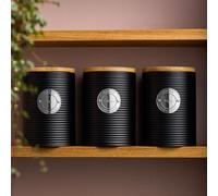 Cooks Professional 3 Piece Ribbed Tea, Coffee, & Sugar Cannisters with Air-Tight Bamboo Lids | Stainless Steel Kitchen Storage Bin Set | Modern & Stylish | Black & Silver