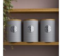 Cooks Professional 3 Piece Ribbed Tea, Coffee, & Sugar Cannisters with Air-Tight Bamboo Lids | Stainless Steel Kitchen Storage Bin Set | Modern & Stylish | Grey & Silver