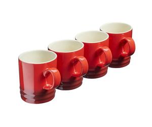 Cooks Professional 4 Piece Colourful Stoneware Mug Set | Tea Coffee Hot Chocolate Drinking Cups | Microwave Dishwasher Refrigerator Freezer Safe | 350ml Capacity | Red