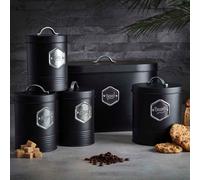 Cooks Professional 5 Piece Bread Biscuit Tea Coffee Sugar Storage Set with Silver Labels in Black Cooks Professional Black