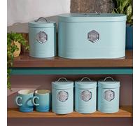Cooks Professional 5 Piece Tea Coffee Sugar Bread & Biscuit Cannister Set | Labelled Storage Tins | Containers with Airtight Lids | Canisters for Kitchen Accessories & Essentials | Blue & Silver