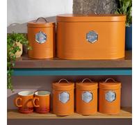 Cooks Professional 5 Piece Bread Biscuit Tea Coffee Sugar Storage Set with Silver Labels in Orange Cooks Professional Orange