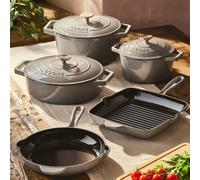 Cooks Professional 5 Piece Cast Iron Casserole Dishes, Frying Pan & Skillet Set | Heavy-Duty Cookware Pans with Enamel Interior | Oven Safe to 260°C, Induction & All Hob Compatible | Grey