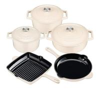 Cooks Professional 5 Piece Cast Iron Casserole Dishes, Frying Pan & Skillet Set | Heavy-Duty Cookware Pans with Enamel Interior | Oven Safe to 260°C, Induction & All Hob Compatible | Ivory