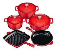 Cooks Professional 5 Piece Cast Iron Casserole Dishes, Frying Pan & Skillet Set | Heavy-Duty Cookware Pans with Enamel Interior | Oven Safe to 260°C, Induction & All Hob Compatible | Red