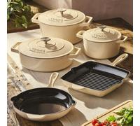 Cooks Professional 5 Piece Cast Iron Casserole Dishes, Frying Pan & Skillet Set With Enamel Interior - Ivory