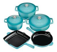 Cooks Professional 5 Piece Cast Iron Casserole, Frying Pan & Skillet Set | Heavy-Duty Cookware Pans, PFAS PFOA & PTFE-Free Enamel Interior, Oven Safe to 260°C, Induction & All Hob Compatible | Teal