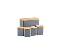 Cooks Professional 5 Piece Tea, Coffee, Sugar, Biscuit & Bread Square Cannister Set with Bamboo Lids | Diamond Pattern Labelled Stainless Steel Kitchen Storage Bins Airtight Containers | Dark Grey
