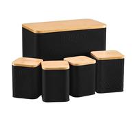 Cooks Professional 5 Piece Tea, Coffee, Sugar, Biscuit & Bread Square Cannister Set with Bamboo Lids | Diamond Pattern Labelled Stainless Steel Kitchen Storage Bins Airtight Containers | Black
