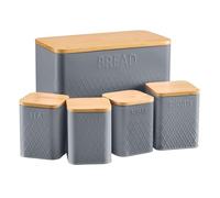 Cooks Professional 5 Piece Embossed Tea, Coffee, Sugar, Biscuit & Bread Cannister Set with Bamboo Lids | Diamond Pattern Labelled Stainless Steel Kitchen Storage Bins Airtight Containers | Dark Grey