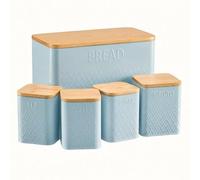 Cooks Professional 5 Piece Embossed Tea, Coffee, Sugar, Biscuit & Bread Cannister Set with Bamboo Lids | Diamond Pattern Labelled Stainless Steel Kitchen Storage Bins Airtight Containers | Blue