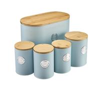 Cooks Professional 5 Piece Ribbed Tea Coffee Sugar Bread & Biscuit Cannisters with Air-Tight Bamboo Lids | Stainless Steel Kitchen Storage Bin Set | Modern & Stylish | Blue & Silver
