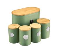 Cooks Professional 5 Piece Ribbed Tea Coffee Sugar Bread & Biscuit Cannisters with Air-Tight Bamboo Lids | Stainless Steel Kitchen Storage Bin Set | Modern & Stylish | Green & Silver