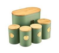 Cooks Professional 5 Piece Ribbed Tea Coffee Sugar Bread & Biscuit Cannisters with Air-Tight Bamboo Lids | Stainless Steel Kitchen Storage Bin Set | Modern & Stylish | Green & Gold