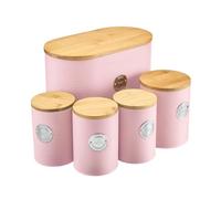 Cooks Professional 5 Piece Ribbed Tea Coffee Sugar Bread & Biscuit Cannisters with Air-Tight Bamboo Lids | Stainless Steel Kitchen Storage Bin Set | Modern & Stylish | Pink & Silver