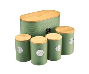 Cooks Professional 5 Piece Ribbed Tea Coffee Sugar Bread & Biscuit Cannisters with Air-Tight Bamboo Lids | Stainless Steel Kitchen Storage Bin Set | Modern & Stylish | Green & Silver