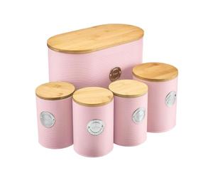Cooks Professional 5 Piece Ribbed Tea Coffee Sugar Bread & Biscuit Cannisters with Air-Tight Bamboo Lids | Stainless Steel Kitchen Storage Bin Set | Modern & Stylish | Pink & Silver