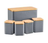 Cooks Professional 5 Piece Tea, Coffee, Sugar, Biscuit & Bread Square Cannister Set with Bamboo Lids | Diamond Pattern Labelled Stainless Steel Kitchen Storage Bins Airtight Containers | Dark Grey