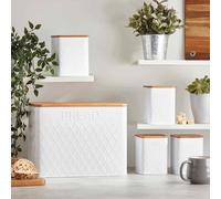 Cooks Professional 5 Piece Tea, Coffee, Sugar, Biscuit & Bread Square Cannister Set with Bamboo Lids | Diamond Pattern Labelled Stainless Steel Kitchen Storage Bins Airtight Containers | White