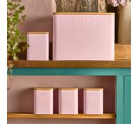 Cooks Professional 5 Piece Tea, Coffee, Sugar, Biscuit & Bread Cannister Set With Bamboo Lids & Diamond Pattern - Pink
