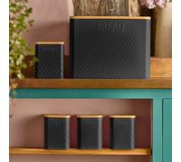 Cooks Professional 5 Piece Tea, Coffee, Sugar, Biscuit & Bread Square Cannister Set With Bamboo Lids & Diamond Pattern - Black